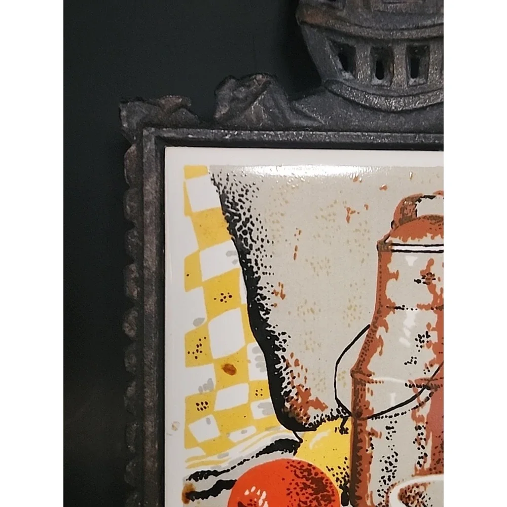 Set Of 2 Enesco Vintage Cast Iron Trivets W/Tile Centers Kettle & Pitcher Scenes